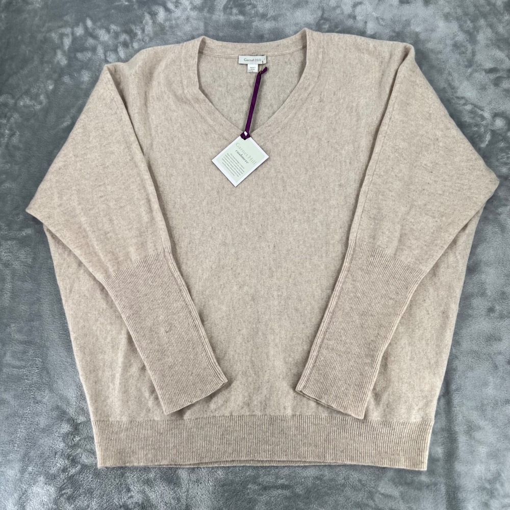 Garnet Hill Cashmere V-Neck Sweater Tan Beige Dolman Sleeve Large NWT Batwing